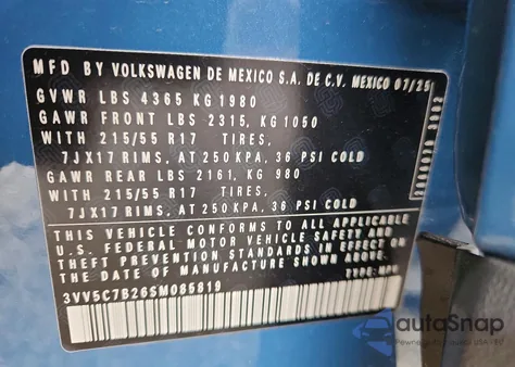 2025 Volkswagen Taos S z USA, uszkodzony, nr VIN 3VV5C7B26SM085819